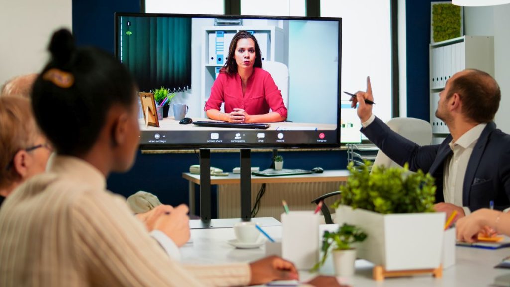 Woman ceo speaking at video conference